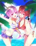  2girls :d \n/ ahoge amagasa_nadame anchor_symbol arm_up asymmetrical_docking bare_arms bare_shoulders bikini blue_bikini blue_hair blue_ribbon blurry blurry_foreground braid breast_press breasts cleavage commentary_request day depth_of_field hair_ribbon hololive houshou_marine large_breasts long_hair medium_breasts minato_aqua multicolored_hair multiple_girls navel open_mouth outdoors pink_hair red_bikini red_eyes red_hair red_ribbon ribbon side-tie_bikini smile streaked_hair striped striped_bikini swimsuit twintails two-tone_hair v very_long_hair virtual_youtuber water 