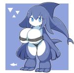  2020 anthro big_breasts bikini bikini_bottom blue_eyes breasts clothing countershading female fin fish hair hi_res looking_at_viewer marine non-mammal_breasts shark short_stack simple_background solo standing sugaru swimwear white_countershading 