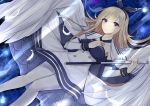  1girl 3874384829 angel_wings blonde_hair blue_neckwear bracer breast_hold breasts closed_mouth dress eyebrows_visible_through_hair glorious_(warship_girls_r) hair_ribbon highres holding holding_scepter long_hair looking_at_viewer lying neck_ribbon on_back open_eyes pantyhose purple_eyes ribbon scepter solo warship_girls_r white_dress white_legwear white_wings wings 