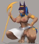  absurd_res anbs-02 anime anthro big_breasts blue_eyes blush bodily_fluids breasts brown_body brown_fur canid canine canis claws clothed clothing egyptian female fur genitals hair hi_res jackal jewelry looking_at_viewer mammal nipples nude pussy ranadi simple_background solo sweat zenonzard 