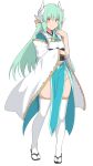  1girl aqua_hair bangs blush breasts closed_mouth dragon_horns fate/grand_order fate_(series) full_body hair_ornament horns japanese_clothes kimono kiyohime_(fate/grand_order) large_breasts long_hair long_sleeves looking_at_viewer multiple_horns obi pelvic_curtain sandals sash shiseki_hirame simple_background smile thighhighs white_background wide_sleeves yellow_eyes 
