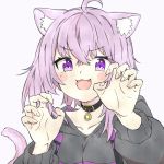  1girl ahoge animal_ear_fluff animal_ears black_choker black_hoodie blush blush_stickers breasts cat_ears choker claw_pose commentary eyebrows_visible_through_hair fang hair_between_eyes hololive kamochomedesu lavender_hair long_sleeves looking_at_viewer medium_breasts medium_hair nekomata_okayu open_mouth purple_eyes simple_background smile solo upper_body virtual_youtuber white_background 