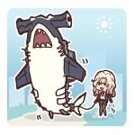  1girl black_legwear blonde_hair chibi commentary day dog_walking edwin_(cyberdark_impacts) english_commentary hair_intakes hammerhead_shark holding holding_leash hornet_(kantai_collection) kantai_collection leash long_sleeves open_mouth pantyhose sharp_teeth shinkaisei-kan size_difference smile south_pacific_aircraft_carrier_hime sun teeth 