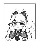  1girl absurdres animal_ears bangs blush brooch closed_mouth eyebrows_visible_through_hair hh highres imaizumi_kagerou jewelry long_hair looking_at_viewer monochrome simple_background smile solo tail touhou upper_body white_background wolf_ears wolf_tail 