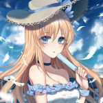  1girl 3874384829 barrette blonde_hair blue_choker blue_eyes blue_ribbon breasts choker dress eyebrows_visible_through_hair feathers food hair_ribbon hat hat_ribbon holding holding_food ice_cream long_hair looking_at_viewer medium_breasts open_eyes open_mouth ribbon saratoga_(warship_girls_r) solo sun_hat warship_girls_r white_dress 