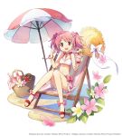  1girl :d alternate_costume alternate_hair_ornament aniplex ankle_flower ankle_ribbon ankle_strap artist_request bare_arms bare_legs bare_shoulders basket blush bottle bracelet breasts caramel chair choker collarbone copyright_name cup deck_chair dot_nose drink eyebrows_visible_through_hair flower food frilled_swimsuit frills fruit full_body hair_flower hair_ornament halter_top halterneck happy hat hat_removed hat_ribbon headwear_removed holding holding_cup holding_spoon ice_cream jewelry kaname_madoka knees_together_feet_apart leaf looking_at_viewer mahou_shoujo_madoka_magica navel official_art open_mouth orange orange_slice oversized_flowers parasol phantom_of_the_kill pink_choker pink_eyes pink_flower pink_hair pink_neckwear pink_ribbon plaid plaid_swimsuit plumeria red_footwear ribbon ribbon_choker sand sandals shadow shiny shiny_hair short_twintails simple_background sitting small_breasts smile solo soul_gem spoon stomach straw_hat strawberry swimsuit twintails umbrella white_background white_flower white_ribbon 