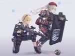  2girls assault_rifle backpack bag beret blonde_hair crossover drone elbow_pads emblem g36_(girls_frontline) g36c_(girls_frontline) girls_frontline gloves grifon_&amp;_kryuger gun handgun hat headphones highres holding holding_gun holding_weapon holstered_weapon knee_pads kneeling multiple_girls red_headwear rifle riot_shield siblings sisters tactical_clothes tom_clancy&#039;s_the_division weapon white_hair xyufsky 