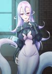 1girl absurdres albino bodysuit breasts bridal_gauntlets cleavage covered_collarbone finger_to_mouth hair_between_eyes highres holding indoors lamia long_hair looking_at_viewer monster_girl monster_musume_no_oisha-san pink_eyes purple_hair saphentite_neikes scales see-through shibakarisena solo tail window 