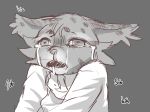  anthro black_and_white bodily_fluids clothed clothing clouded_leopard crying felid female fur grey_body grey_fur grimart mammal monochrome open_mouth pantherine simple_background snot sobbing solo spots tears text 