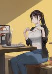  1girl after_meal black_hair black_jacket blue_pants blush breasts cellphone clothes_pull commentary denim drink drinking_straw eyelashes food_on_clothes hair_ornament hair_pulled_back hair_ribbon hairclip highres indoors jacket jeans jun_(seojh1029) large_breasts long_hair long_sleeves midriff navel open_clothes open_jacket open_mouth orange_eyes original pants phone plate ponytail ribbed_sweater ribbon sitting smartphone solo spoon stained_clothes sweatdrop sweater sweater_pull table turtleneck turtleneck_sweater white_sweater 