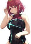  1girl adjusting_hair bangs bare_arms bare_shoulders black_swimsuit blush breasts chest_jewel competition_swimsuit earrings highres jewelry large_breasts misaki_nonaka one-piece_swimsuit pyra_(xenoblade) red_eyes red_hair short_hair simple_background solo swept_bangs swimsuit tiara white_background xenoblade_chronicles_(series) xenoblade_chronicles_2 
