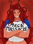  3:4 angry big_breasts black_sclera breasts chaos_daemon chaos_god clothing crossgender deity demon demon_humanoid female hair hi_res horn humanoid khorne looking_at_viewer mega_milk meme not_furry pupils red_body red_hair red_skin sharp_teeth shirt slit_pupils techmaguskhobotov teeth topwear warhammer_(franchise) warhammer_40000 