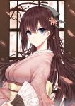  1girl 3874384829 blue_eyes breasts brown_hair eyebrows_visible_through_hair fan flower hair_flower hair_ornament hairband holding holding_fan japanese_clothes kimono long_hair looking_at_viewer nagato_(warship_girls_r) open_eyes open_mouth petals pink_kimono simple_background solo warship_girls_r yukata 
