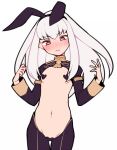  1girl animal_ears bunny_ears closed_mouth do_m_kaeru fake_animal_ears fire_emblem fire_emblem:_three_houses heart_pasties long_hair long_sleeves lysithea_von_ordelia maebari meme_attire pasties pink_eyes revealing_clothes reverse_bunnysuit reverse_outfit shrug_(clothing) simple_background solo white_background white_hair 