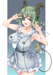  1girl armpits arms_up bangs between_breasts blue_eyes blush bow bra_strap breasts choker curled_horns demon_girl demon_horns demon_tail double_v dress eyepatch fang green_hair hair_ornament hairclip highres honey_strap horns irohasu large_breasts looking_at_viewer necktie necktie_between_breasts open_mouth pointy_ears ribbon sekishiro_mico short_hair short_twintails sleeveless sleeveless_dress smile solo tail tail_bow twintails v virtual_youtuber wrist_ribbon 