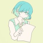 1girl aqua_hair awayawa_pic bangs blue_hair commentary_request dot_mouth dot_nose green_background hands highres holding holding_paper long_sleeves looking_at_viewer multicolored_hair muted_color original paper simple_background solo swept_bangs two-tone_hair upper_body wing_collar 