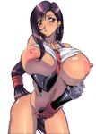  1girl areola areolae between_breasts black_eyes blush bottomless breast_hold breasts brown_eyes brown_hair erect_nipples female final_fantasy final_fantasy_vii gloves hips huge_breasts ichijiku large_areolae long_hair long_nipples nipples no_bra ponytail purple_eyes shirt_lift simple_background solo tifa_lockhart tifa_lockheart white_background wide_hips 