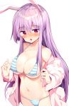  1girl animal_ears bangs bare_shoulders bikini blue_bikini blush breasts bunny_ears cleavage collarbone eyebrows_visible_through_hair hair_between_eyes highres large_breasts long_hair long_sleeves looking_at_viewer maturiuta_sorato navel open_mouth pink_shirt purple_hair red_eyes reisen_udongein_inaba shirt simple_background solo stomach string_bikini striped striped_bikini swimsuit touhou white_background 