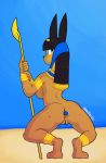  anbs-02 anime anthro anubis black_hair black_nose blue_eyes breasts butt buttplug canid canine canis criminalbunnydraws deity egyptian egyptian_mythology female genitals hair hi_res holding_object holding_weapon jackal jewelry kneeling looking_at_viewer mammal middle_eastern_mythology mostly_nude mythology pussy sex_toy side_boob simple_background solo weapon 