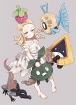  barefoot blonde_hair bounsweet child dirty dirty_clothes dirty_face dress feebas gen_3_pokemon gen_5_pokemon gen_7_pokemon green_eyes grey_background oleana_(pokemon) pokemon pokemon_(creature) pokemon_(game) pokemon_swsh rinka_(rinka0912) salandit sitting snorunt torn_clothes trubbish white_dress younger 