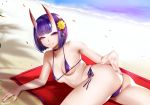  1girl :d arm_support artist_name ass bare_arms bare_shoulders beach beach_towel bikini blush breasts breasts_apart cellphone choker collarbone easonx fate/grand_order fate_(series) flower from_behind grin hair_flower hair_ornament hair_ribbon hand_on_own_ass horns looking_at_viewer looking_back lying micro_bikini ocean on_stomach oni_horns open_mouth phone purple_bikini purple_choker purple_eyes purple_hair purple_ribbon red_ribbon ribbon sand short_hair shuten_douji_(fate/grand_order) side-tie_bikini skin-covered_horns smartphone smile solo swimsuit teeth towel twisted_torso underboob yellow_flower 