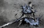  1boy armor artorias_the_abysswalker breastplate cape commentary_request dark_souls facing_viewer feet_out_of_frame full_armor gauntlets grey_background helmet highres holding holding_sword holding_weapon knight legs_apart male_focus pauldrons plume shimoda_masaya shoulder_armor solo souls_(from_software) standing sword torn_cape torn_clothes weapon 