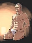  1boy abs bara chest erection erection_under_clothes facial_hair fate/grand_order fate_(series) full_body fundoshi goatee grey_hair highres japanese_clothes kirupi male_focus manly muscle navel nipples old_man shirtless short_hair simple_background smile solo yagyuu_munenori_(fate/grand_order) 