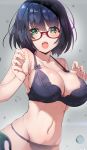  1girl bangs black_bra black_hair black_panties blush bra breasts cleavage glasses green_eyes hands_up highres lace lace-trimmed_bra lace-trimmed_panties large_breasts looking_at_viewer navel open_mouth original osa_(osaosa) panties red-framed_eyewear short_hair simple_background solo strap_gap underwear underwear_only 