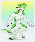  absurd_res anthro black_body black_claws black_fur black_nose canid canine claws clenched_teeth clothing digital_media_(artwork) digitigrade emufur fangs fidget_the_fox fox fur green_body green_fur hair hi_res inner_ear_fluff lgbt_pride male mammal multicolored_eyes open_mouth pawpads paws pink_pawpads pride_colors rainbow rainbow_eyes red_tongue simple_background smile solo teeth toes tongue tuft were werecanid werecanine werefox white_body white_fur wilde95 