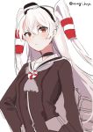  1girl amatsukaze_(kantai_collection) brown_dress brown_neckwear cowboy_shot dress hair_tubes hat highres kantai_collection lifebuoy_ornament long_hair looking_at_viewer mini_hat mizuki_eiru_(akagi_kurage) neckerchief red_eyes sailor_collar sailor_dress simple_background smokestack_hair_ornament solo two_side_up white_background white_hair white_sailor_collar windsock 