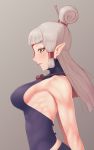 1girl arched_back arms_behind_back bangs blunt_bangs blush breasts closed_mouth eyelashes facial_tattoo grey_hair hair_bun hair_ornament hairpin highres jewelry long_hair muscle muscular_female necklace paya_(zelda) pink_lips pointy_ears profile putchers sideboob sidelocks solo tattoo the_legend_of_zelda tied_hair upper_body 