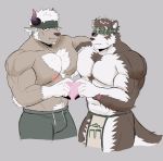  2boys animal_ears bara body_hair bulge chest chest_hair couple cow_boy cow_ears cow_horns facial_hair furry goatee grey_fur grey_hair headband heart heart_hands highres horkeu_kamui_(tokyo_houkago_summoners) horns male_focus manly multicolored_hair multiple_boys muscle pectoral_docking pectoral_press pectorals pinkblood purple_horns revealing_clothes shennong_(tokyo_afterschool_summoners) shirtless short_hair sideburns silver_hair tail thighs tokyo_houkago_summoners two-tone_fur upper_body white_fur wolf_boy wolf_ears wolf_tail yellow_eyes 
