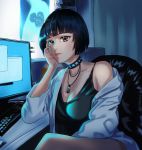  1girl black_hair breasts brown_eyes choker cleavage hand_on_own_face highres korean_commentary looking_at_viewer medium_breasts narcur off-shoulder_coat persona persona_5 short_hair sitting solo spiked_choker spikes takemi_tae 