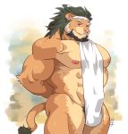  1boy abs animal_ears arsalan_(tokyo_houkago_summoners) bara beard bulge chest cowboy_shot facial_hair fundoshi fundoshi_pull furry green_hair highres japanese_clothes kirupi lion_boy lion_ears lion_tail male_focus manly muscle pectorals short_hair simple_background smile solo tail tokyo_houkago_summoners yellow_eyes 