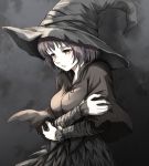  1girl absurdres arms_under_breasts bangs black_hair black_ribbon breasts brown_cloak brown_headwear cloak commentary_request crossed_arms dark_souls_iii facing_to_the_side grey_background hat highres karla_(dark_souls_3) large_breasts long_sleeves looking_down ribbon shimoda_masaya short_hair sitting solo souls_(from_software) upper_body witch_hat 