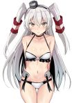  1girl amatsukaze_(kantai_collection) arms_behind_back bangs bare_shoulders bikini blush brown_eyes choker collarbone eyebrows_visible_through_hair gin&#039;ichi_(akacia) groin hair_between_eyes kantai_collection long_hair looking_at_viewer navel o-ring o-ring_bikini o-ring_top silver_hair simple_background solo striped sweat swimsuit thigh_gap two_side_up white_background 