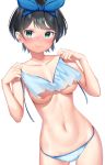  &gt;:) 1girl aqua_eyes bikini bikini_top black_hair blue_bikini blue_ribbon blush breasts collarbone commentary_request cowboy_shot hair_ribbon holding holding_bikini_top k_mugura kanojo_okarishimasu looking_at_viewer medium_breasts navel nose_blush ribbon sarashina_ruka short_hair simple_background solo stomach swimsuit underboob untied untied_bikini v-shaped_eyebrows white_background 