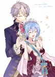  1boy 1girl atelier_(series) blue_hair braid breasts cleavage closed_eyes couple dress hair_ornament hetero highres jewelry karasumi_(aiseec) lotus_mcgregor necklace nelke_to_densetsu_no_renkinjutsushi_tachi nelke_von_luchetam silver_hair smile strapless strapless_dress translation_request 