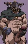  1boy abs armor bar_censor bara cape censored chest cum draph erection granblue_fantasy helmet highres horned_helmet kirupi male_focus male_masturbation male_pubic_hair masturbation muscle naked_cape navel nipples penis pubic_hair shirtless short_hair simple_background solo testicles thick_thighs thighs upper_body vaseraga 