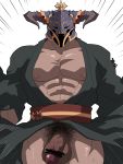  1boy abs bar_censor bara censored chest draph flaccid fundoshi granblue_fantasy helmet highres horns japanese_clothes kirupi large_penis male_focus male_pubic_hair muscle nipples pectorals penis pubic_hair short_hair simple_background solo testicles thick_thighs thighs upper_body vaseraga 
