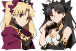  2girls bangs black_hair blonde_hair bow breasts cape cropped_torso earrings ereshkigal_(fate/grand_order) fate/grand_order fate_(series) hair_bow hair_ribbon highres hoop_earrings ishtar_(fate)_(all) ishtar_(fate/grand_order) jewelry kirupi long_hair looking_at_viewer multiple_girls parted_bangs red_eyes ribbon smile tiara two_side_up very_long_hair white_background 