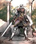  1other ambiguous_gender armor armored_boots belt boots brown_belt brown_footwear brown_gloves chosen_undead commentary_request dark_souls facing_viewer full_armor full_body gloves greaves helmet highres holding holding_shield holding_sword holding_weapon knight legs_apart looking_to_the_side outdoors ruins shield shimoda_masaya shoulder_armor solo souls_(from_software) standing sunlight sword tree weapon 