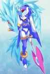  1girl android blue_eyes creature extra_eyes highres holding holding_spear holding_weapon leviathan_(rockman) looking_up omeehayo polearm red_eyes robot rockman rockman_zero solo spear weapon 