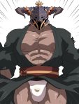  1boy abs bara chest draph fundoshi granblue_fantasy helmet highres horned_helmet horns japanese_clothes kirupi male_focus male_pubic_hair muscle nipples pectorals pubic_hair short_hair simple_background solo thick_thighs thighs upper_body vaseraga 