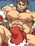  1boy abs bara beard black_hair bulge chest cigar cowboy_shot ded_(tokyo_houkago_summoners) erection erection_under_clothes facial_hair forked_eyebrows hat kirupi male_focus manly muscle partially_undressed pectorals santa_costume santa_hat shirtless short_hair simple_background solo thighs tokyo_houkago_summoners 