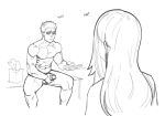  1boy 1girl abs clothed_female_nude_male commentary completely_nude controller english_commentary english_text erection long_hair male_masturbation masturbation muscle nude penis pomki remote_control shaded_face sitting solo_focus the_ring tissue_box walk-in yamamura_sadako 