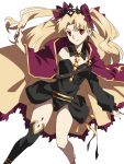  1girl bangs blonde_hair bow breasts cape cowboy_shot earrings ereshkigal_(fate/grand_order) fate/grand_order fate_(series) hair_bow hair_ribbon highres jewelry kirupi long_hair looking_at_viewer parted_bangs red_eyes ribbon smile solo tiara two_side_up very_long_hair white_background 