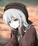  1girl absurdres brown_headwear cloak cloud cloudy_sky commentary_request dark_souls_iii face grey_shirt hat highres long_hair looking_down painting_woman red_cloak sad shimoda_masaya shirt sky solo souls_(from_software) upper_body very_long_hair white_hair 