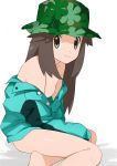  1girl absurdres areolae barefoot breasts brown_hair bucket_hat buttons closed_mouth coat commentary_request eyelashes green_coat green_headwear grey_eyes hat highres leaf_(pokemon) long_hair long_sleeves looking_to_the_side meronshiroppu naked_coat nipples pokemon pokemon_(game) pokemon_masters shiny shiny_skin sitting sleeves_past_wrists small_breasts solo 