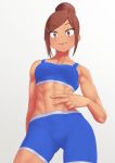 1girl abs bike_shorts breasts brown_eyes brown_hair closed_mouth collarbone commentary_request dumbbell_nan_kilo_moteru? eyebrows_visible_through_hair eyelashes from_below hair_bun highres looking_at_viewer looking_down muscle muscular_female navel putchers short_hair solo uehara_ayaka v white_background 